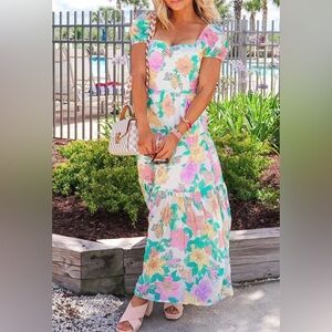 BILLABONG WHITE SUNRISE FLORAL TIERED MAXI DRESS- SIZE S